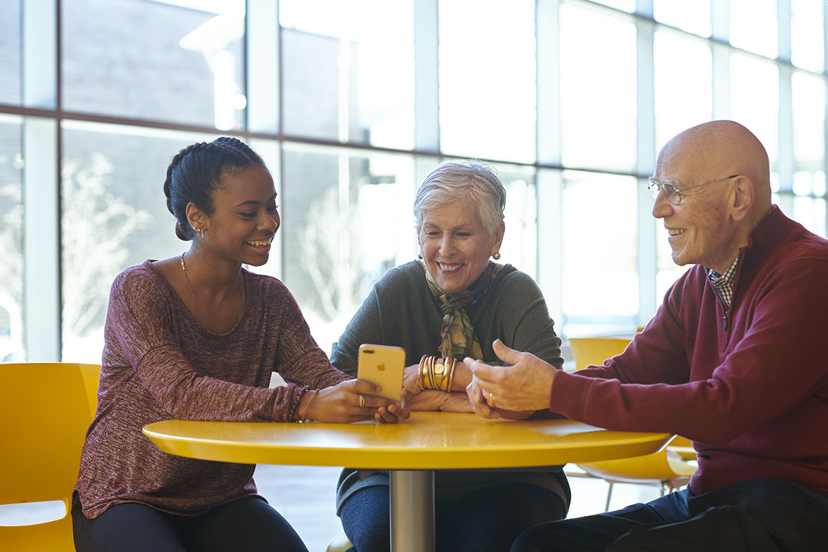 intergenerational learning with senior couple and student at Broadview at Purchase College